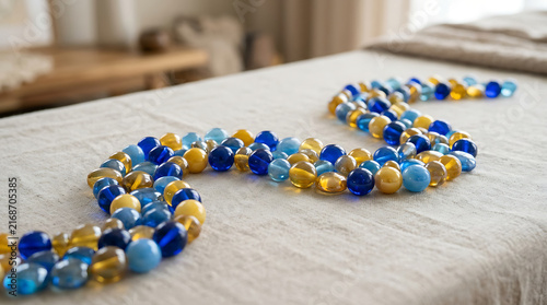 Curving strands of blue and yellow glass beads arranged in a decorative pattern on a textured surface