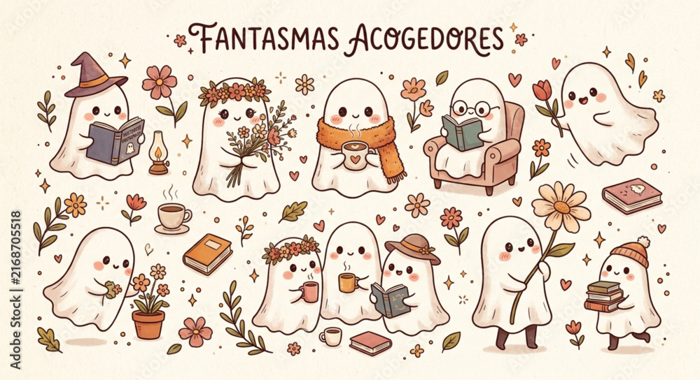 Fototapeta premium Kawaii Cozy Ghosts Collection Pastel Autumn Reading Cute Illustrations