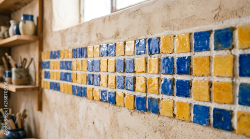 Handcrafted Yellow and Blue Mosaic Tile Border on Textured Wall