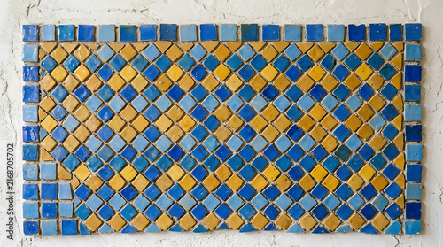 Intricate Ceramic Mosaic Pattern of Blue and Yellow Tiles Adorning a Textured Surface
