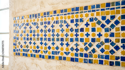 Intricate Handmade Blue and Yellow Ceramic Tile Mosaic Pattern Decorative Wall