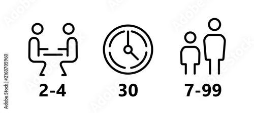 Boardgame player count, clock and age range icon set. Vector line icons for games information like time, players and ages. 
