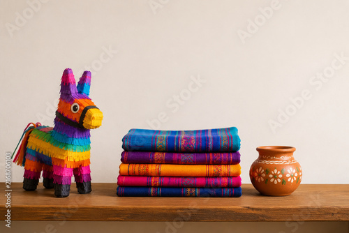Handcrafted miniature piñata with folded textiles and clay pot, Mexican folk art and cultural craft concept