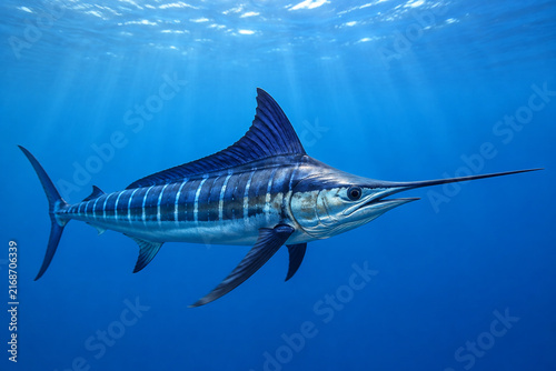 Striped marlin billfish swimming in open ocean, marine life concept