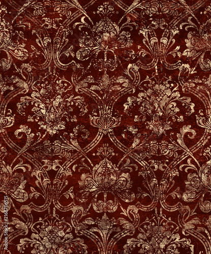 Cuadro en lienzo Dark Burgundy Damask Texture with Antique Gold Ornament – Decorative Background