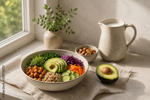 Buddha bowl with avocado nuts and plant milk, healthy plant-based meal concept