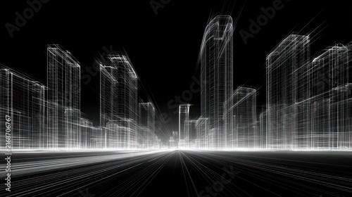 Abstract architectural wireframe cityscape with glowing lights and perspective lines on black background