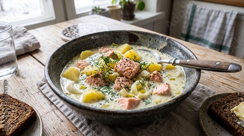 Finnish salmon soup served in a rustic bowl on a wooden table  