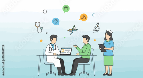 Doctor consulting patient with medical icons and DNA helix