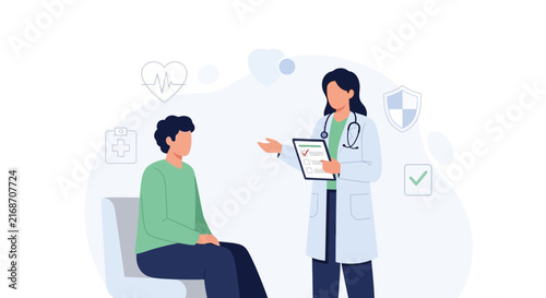Doctor consulting patient with medical icons, healthcare concept