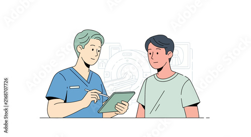 Doctor consulting patient with medical record on tablet, MRI machine background