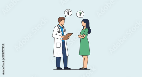 Doctor consulting patient with medical symbols and question mark in thought bubbles