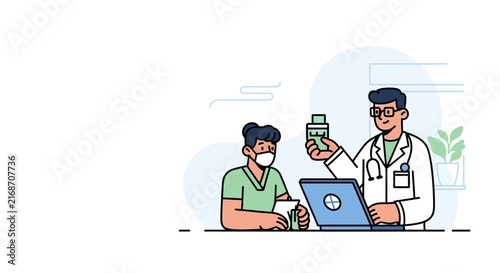 Doctor consulting patient with medication and laptop, healthcare concept