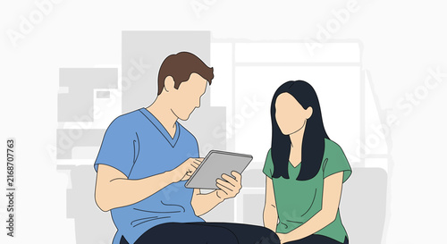 Doctor consulting patient with tablet in clinic, healthcare, medical checkup, modern medicine