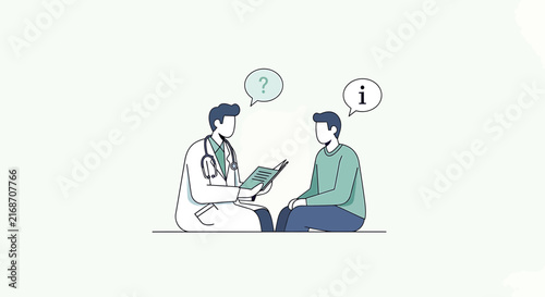 Doctor consulting patient with question and information speech bubbles, medical consultation