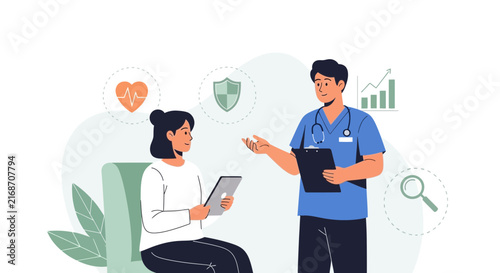 Doctor consulting patient with tablet, healthcare icons, medical checkup, health insurance concept