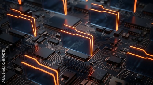 Obraz na płótnie A high tech computer motherboard featuring glowing orange circuit board pathways and advanced integrated electronic processing components