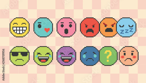 Collection of cute pixel art emoticons showing different emotions on a pink checkered background in retro game style.