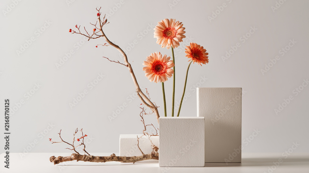Fototapeta premium Minimal White Podiums with Gerbera Flowers and Wooden Branches, Soft Commercial Product Display