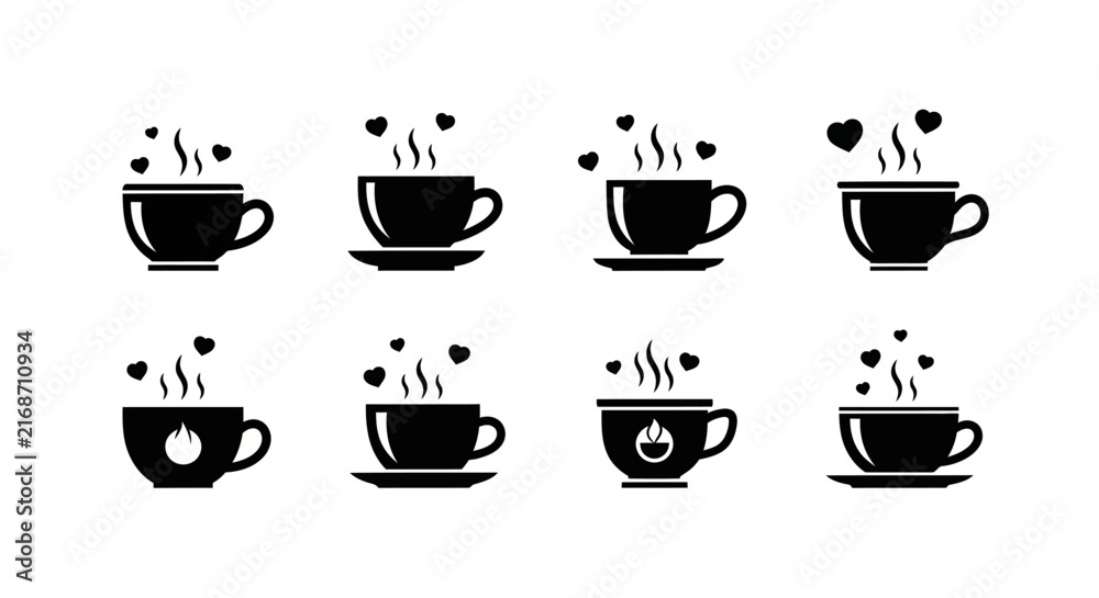 Fototapeta premium Set of black coffee cups with various steam shapes and heart elements, flat design icons illustrating hot beverages for romantic or cozy themes