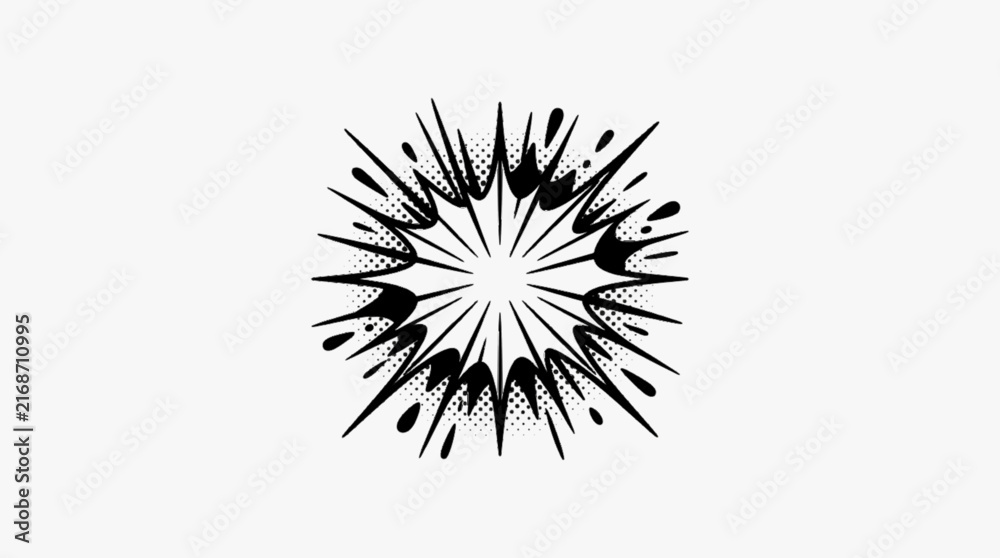 Obraz premium Black and white comic book style explosion burst vector illustration with halftone dot shading effects and radial line splatters isolated on white background for graphic design.