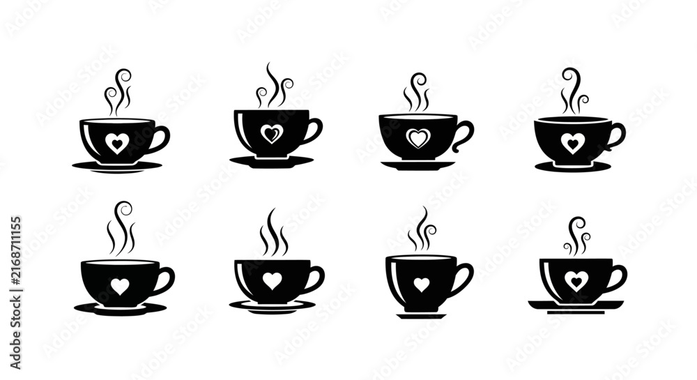 Obraz premium Elegant black coffee cup icons with decorative steam swirls and heart motifs on saucers for luxury cafe branding and romantic beverage design elements for menu