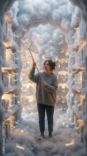 Young woman catching butterflies in clouds with a net.