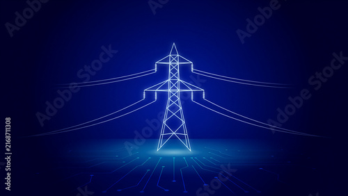 Abstract Glowing High Voltage Electric Tower with Digital Circuit Lines