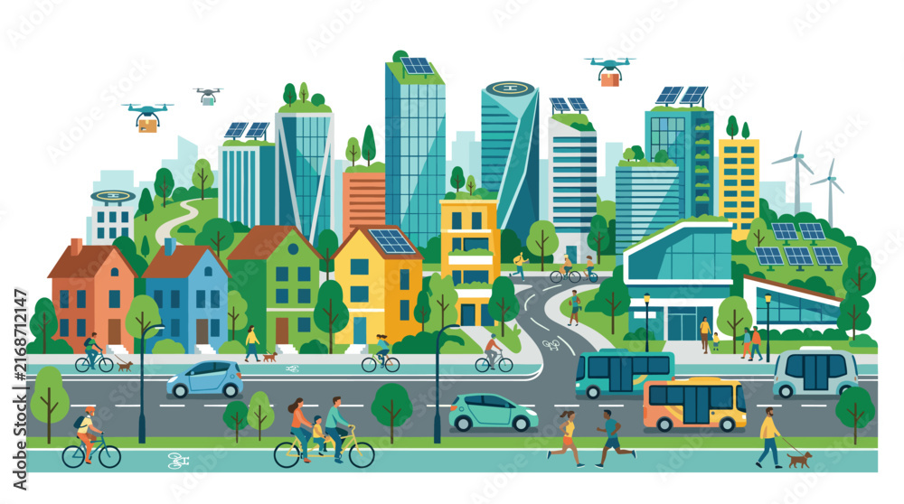 Obraz premium Eco-friendly smart city with green buildings, drones, and sustainable transport