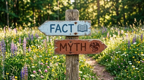 Fact or myth wooden signpost in a field of wildflowers