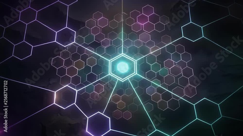Abstract digital network with hexagonal nodes linked by glowing lines