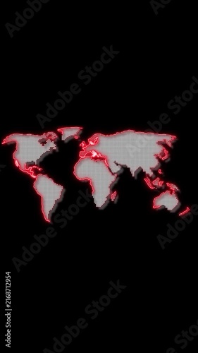 Red dotted world map animation illuminates global digital continents Worldwide networking tracks across this dotted world map animation High tech cyber analytics cover the dotted world map animation