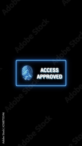 Neon blue access approved animation features an active fingerprint scan Cyber identity clearance validates the access approved animation Biometric authorization unlocks the access approved animation