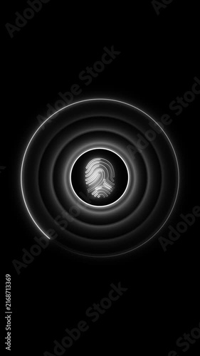 Biometric fingerprint animation pulses at the center of dark rings Advanced digital security runs this fingerprint animation Identity access verification operates the fingerprint animation