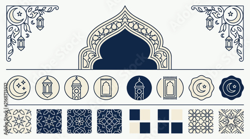 Islamic Design Elements: Mosques, Prayer Mats, Moons, Lanterns, Patterns