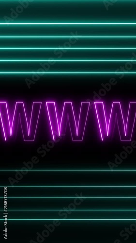 Futuristic neon tunnel animation reveals central glowing WWW web text Cyberspace internet connection powers this neon tunnel animation High speed data transmission drives the neon tunnel animation