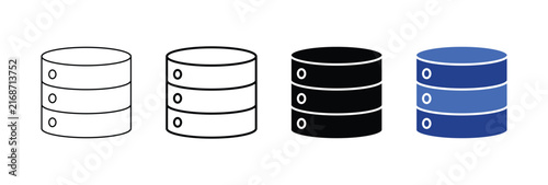 A versatile icon set depicting cylindrical database structures in various styles including outline line art solid and vibrant blue color