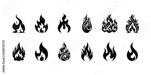 A diverse collection of black silhouette fire flame icons representing heat danger energy and combustion in various artistic styles