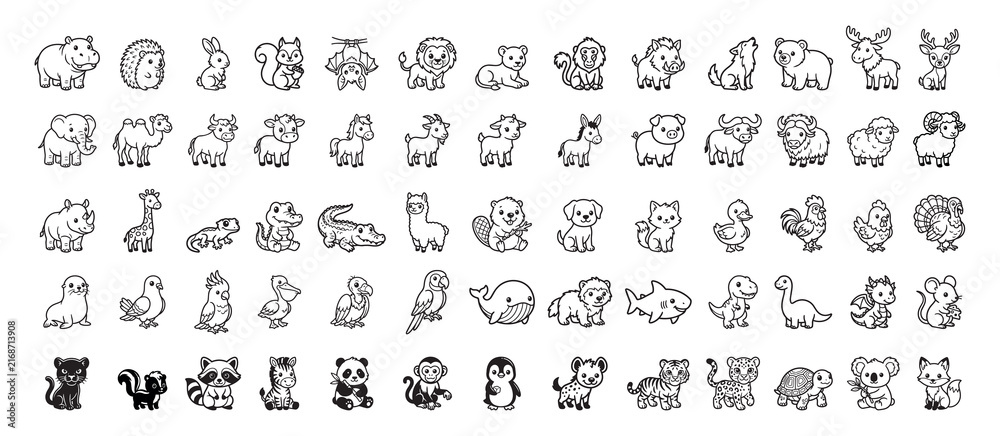 Obraz premium Large set of cute wild and farm animals line icons