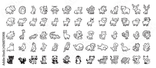 Large set of cute wild and farm animals line icons