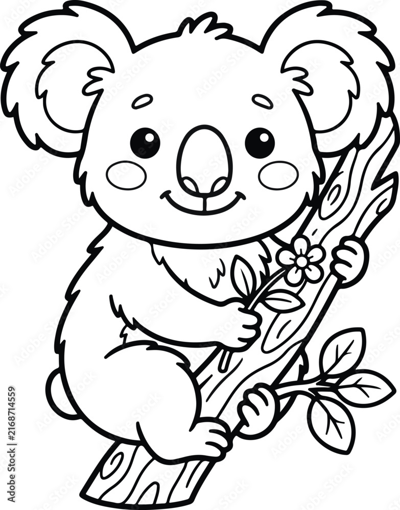 Obraz premium Cute cartoon koala bear holding a flower on a tree branch, black and white line art drawing for coloring book page
