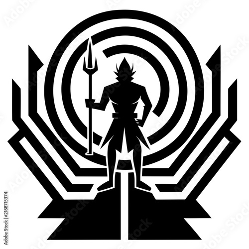 Ancient indian warrior standing with spear emblem black silhouette design featuring concentric circles backdrop cultural heritage graphic.