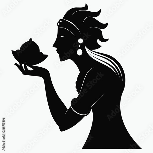 Elegant woman profile silhouette holding small decorative bowl offering gesture isolated on neutral background refined feminine art.