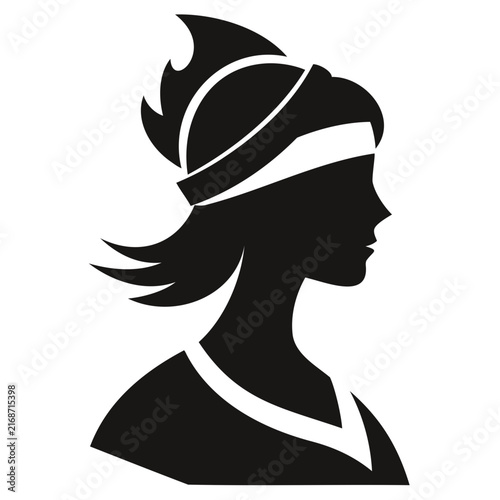 Profile head portrait of female figure with stylized flames hair ornament elegant silhouette design for fashion brand logos icons.