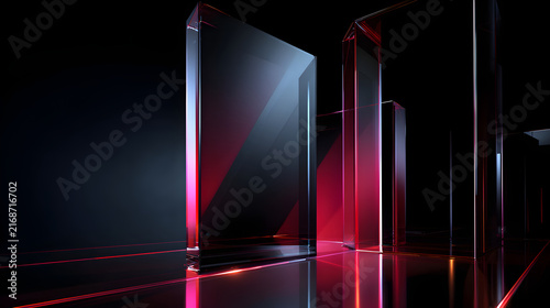 Minimal black desktop wallpaper featuring giant glass monoliths with subtle crimson light rays
