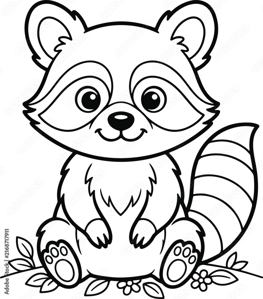 Obraz premium Cute cartoon raccoon sitting on the ground with flowers, coloring page for children, simple vector illustration