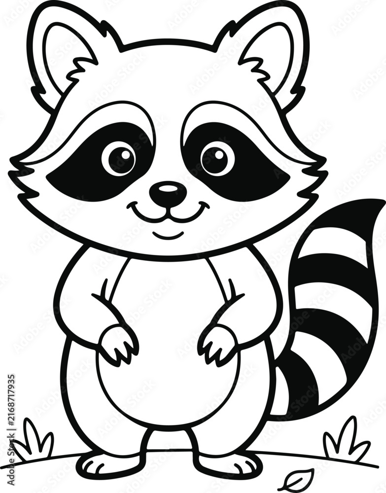 Obraz premium Cute cartoon raccoon standing on the grass, coloring page for kids