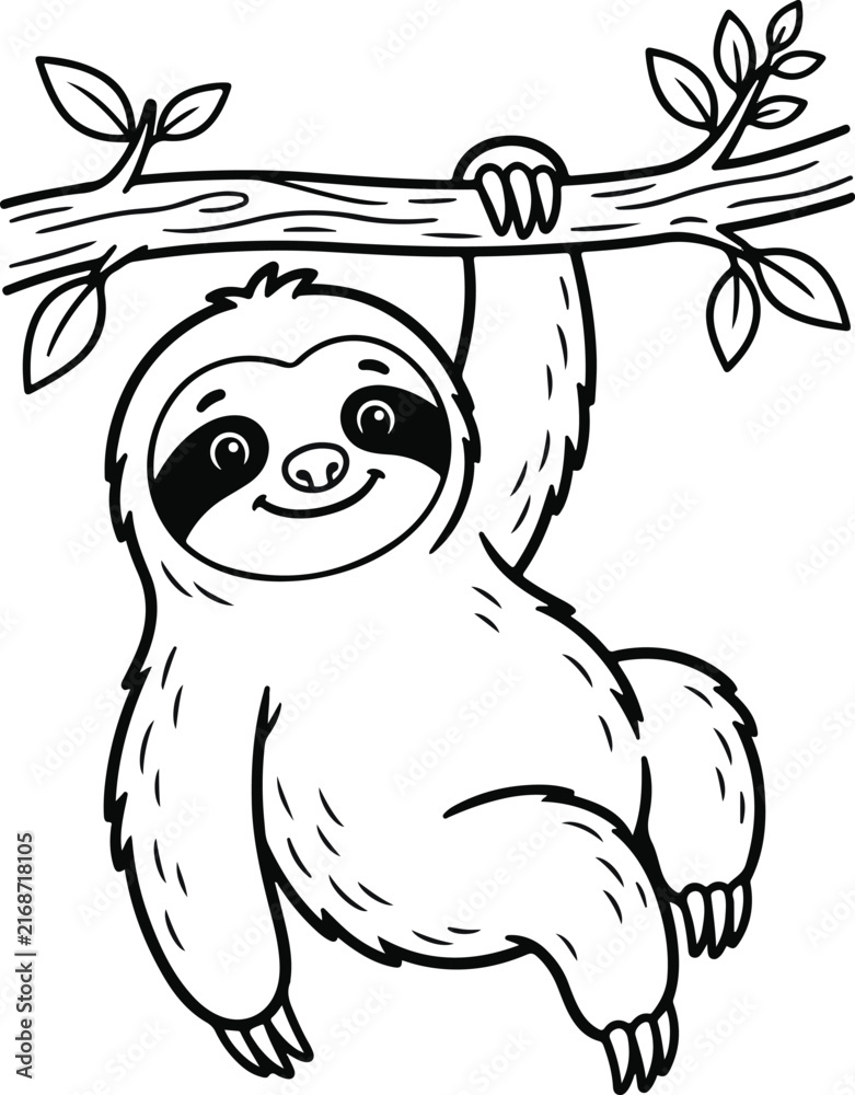 Naklejka premium Cute cartoon sloth hanging on a tree branch, black and white outline illustration for coloring book