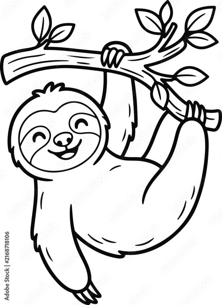 Naklejka premium Happy cartoon sloth hanging on a tree branch, simple black and white line art illustration for coloring book