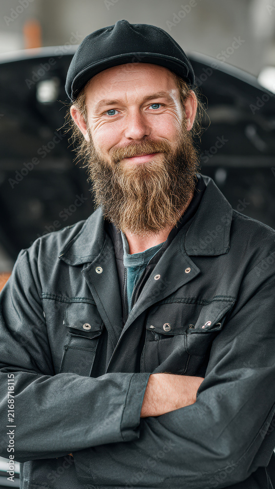Fototapeta premium Bearded man wearing a cap and dark jacket stands with arms crossed, smiling confidently in an industrial or workshop setting.